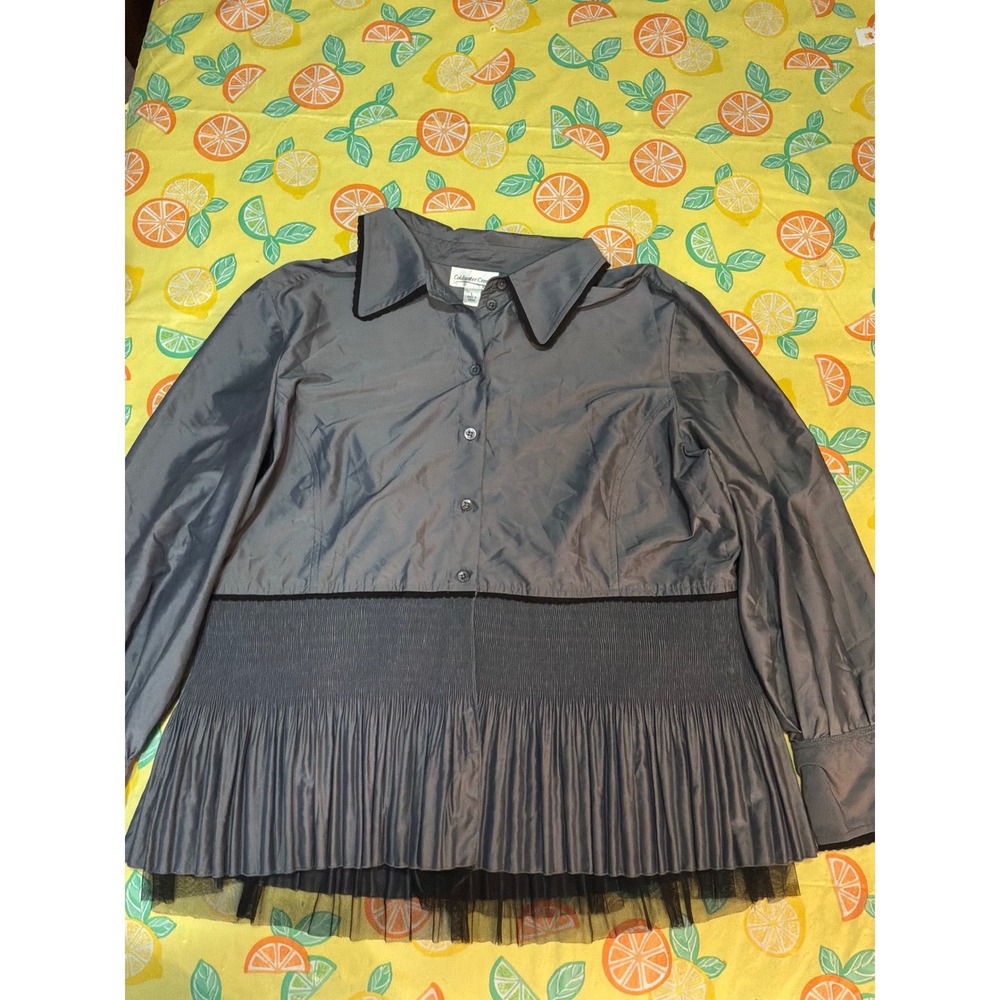 Coldwater Creek Peplum Blouse Womens L Grey Tulle Trim Button Front Long Sleeve‎